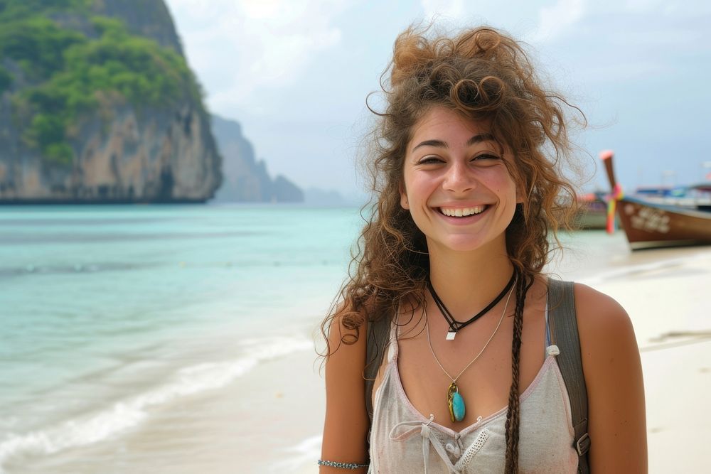 Middle eastern girl backpacker at thailand beach necklace portrait outdoors.
