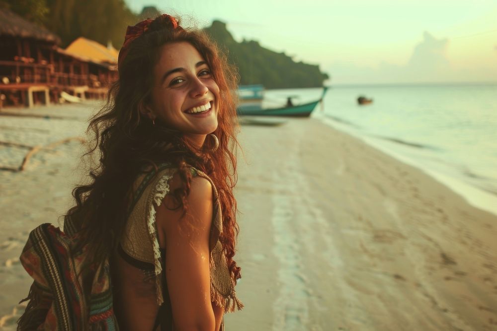 Middle eastern girl backpacker at thailand beach portrait outdoors nature.