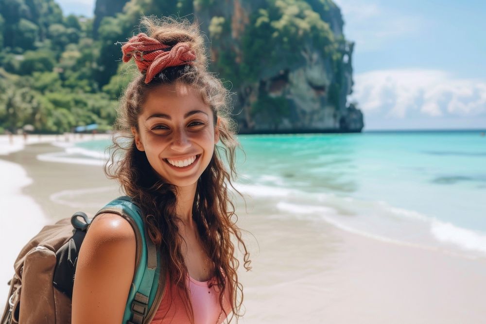 Qatari girl backpacker at thailand beach smile photo happy.