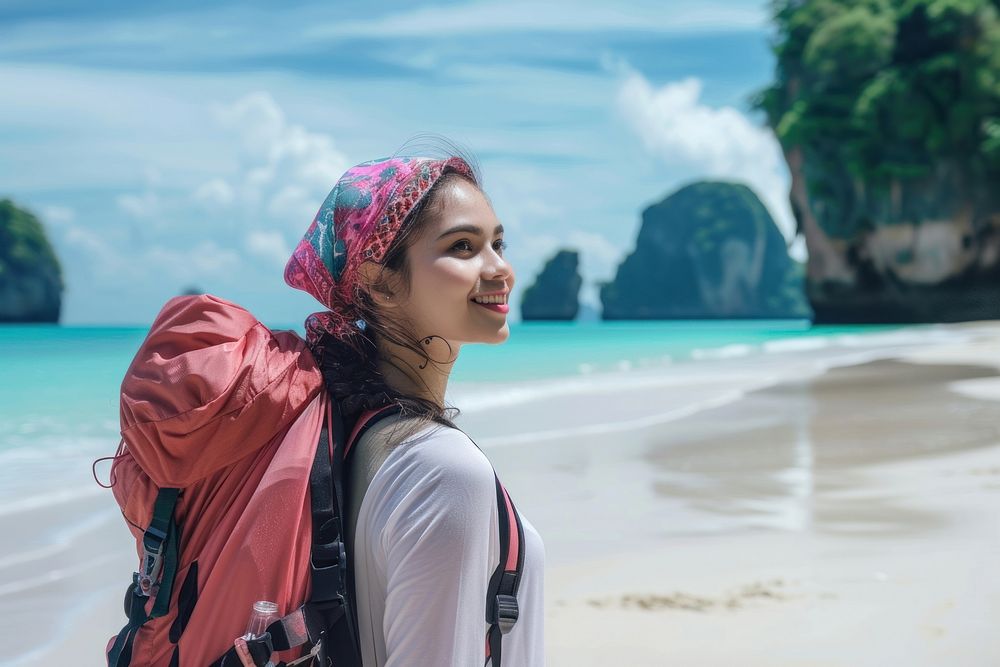 Qatari girl backpacker at thailand beach scarf adult tranquility.