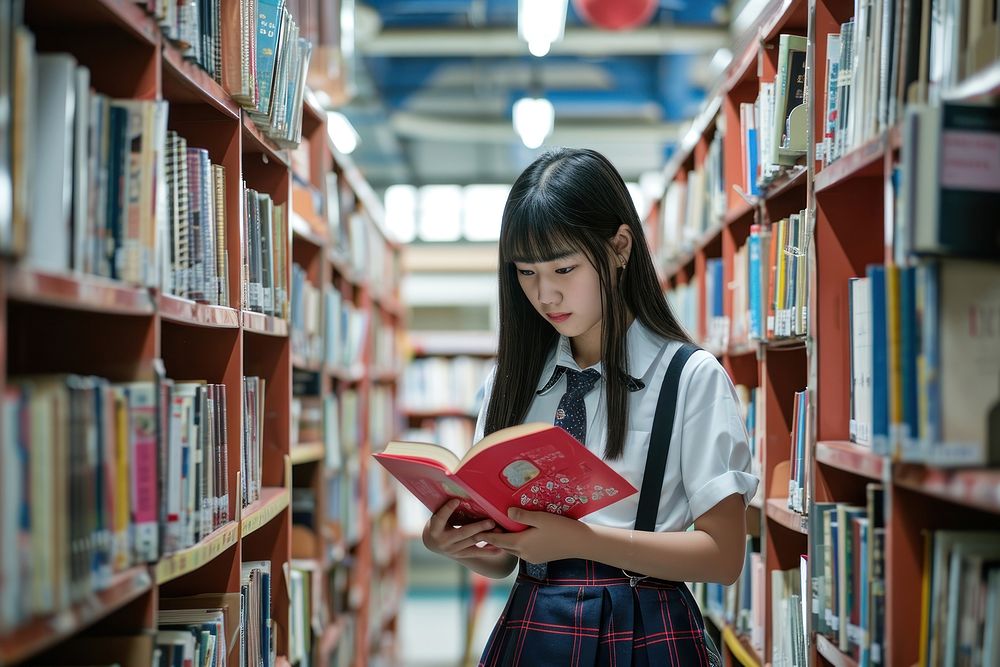 Chinese high school student library reading book.