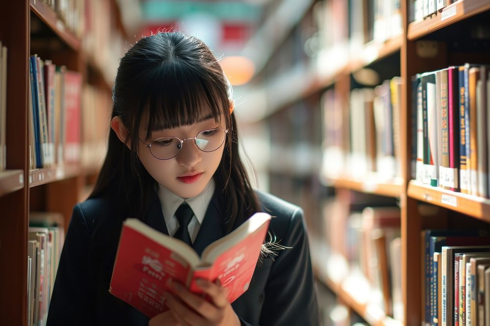 Chinese high school student library reading book.