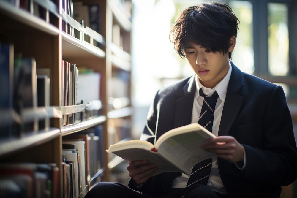 Japanese high school student reading library book.
