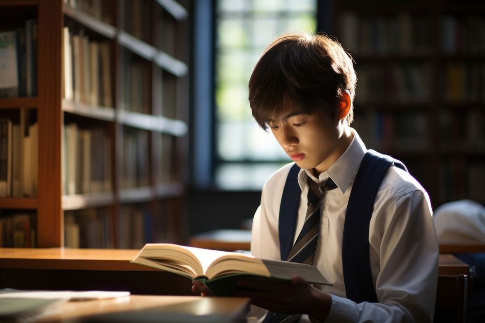 Japanese high school student reading library book.
