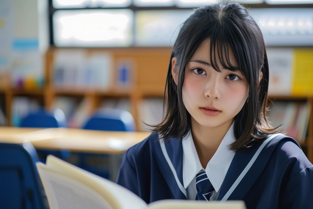Japanese high school student classroom contemplation concentration.