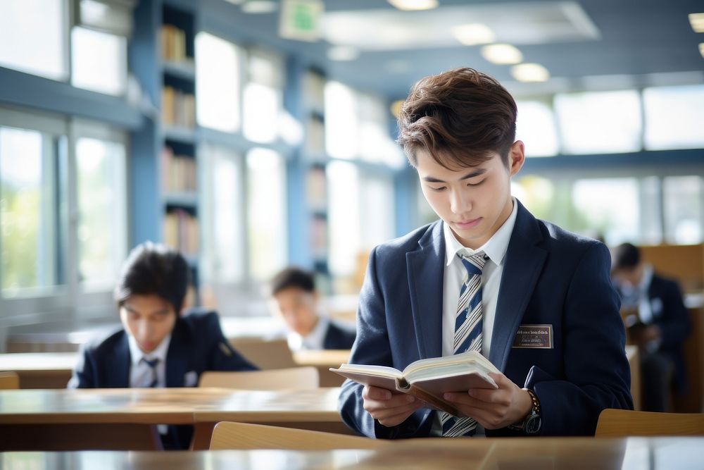 Japanese high school student library reading adult.