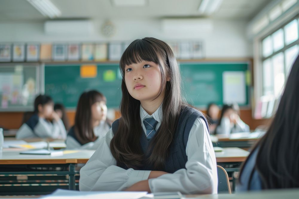 Japanese high school student classroom adult contemplation.