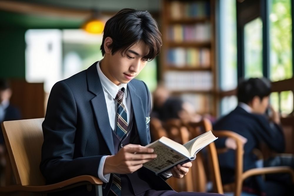 Japanese high school student reading book publication.