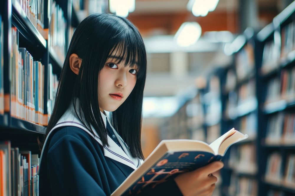 Japanese high school student library reading book.