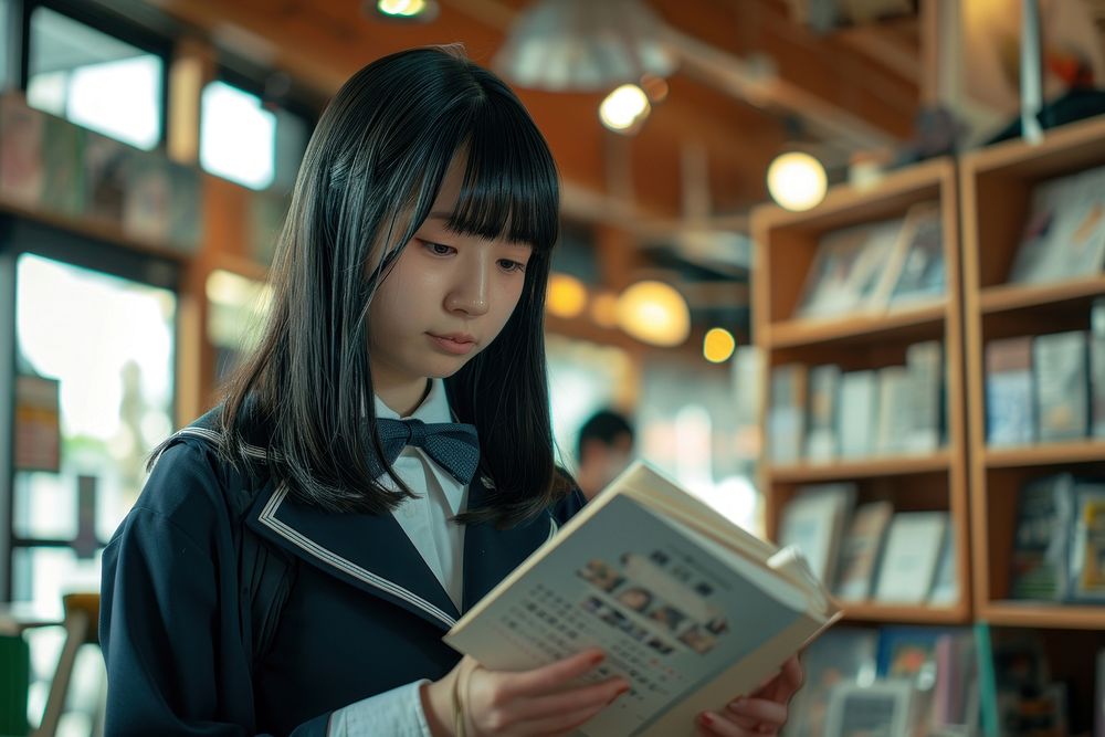 Japanese Student reading student book.