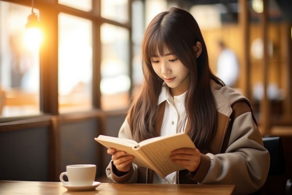 Korean high school student reading coffee book.