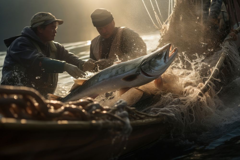Male fishers with salmon in net fishing adult screenshot.