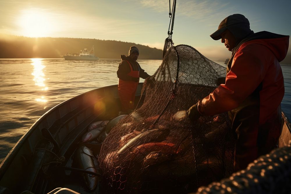 Male fishers with salmon in net fishing boat outdoors.