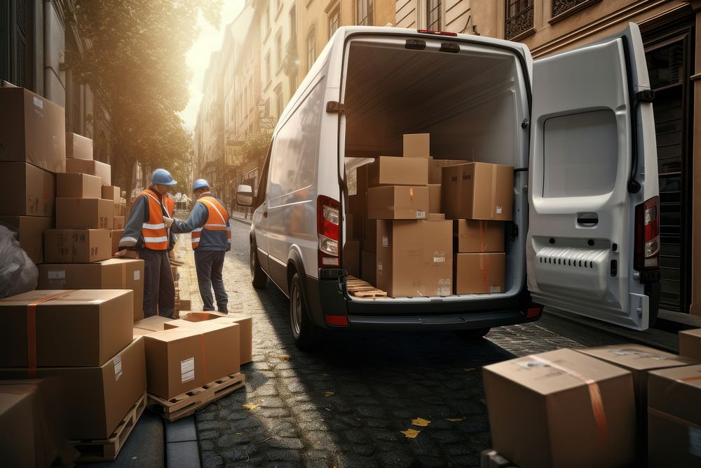 Delivery men loading carboard boxes in a van cardboard vehicle transportation.