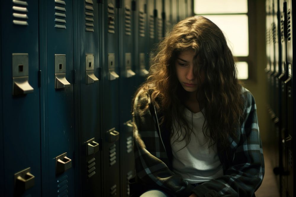 Highschool student got bullied at locker contemplation hopelessness loneliness.