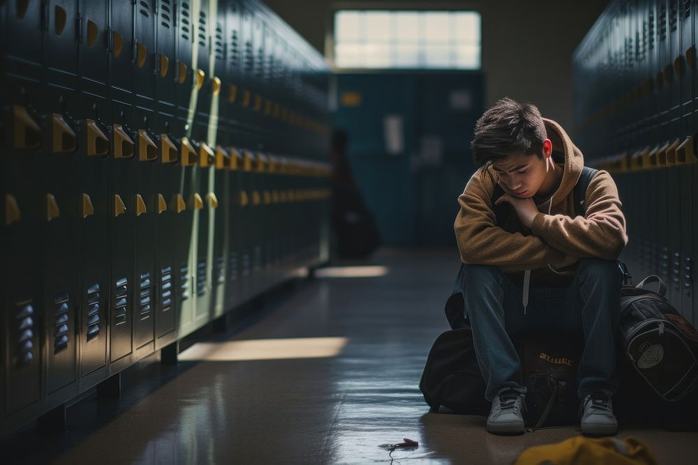 Highschool student sad at locker hallway worried disappointment transportation.