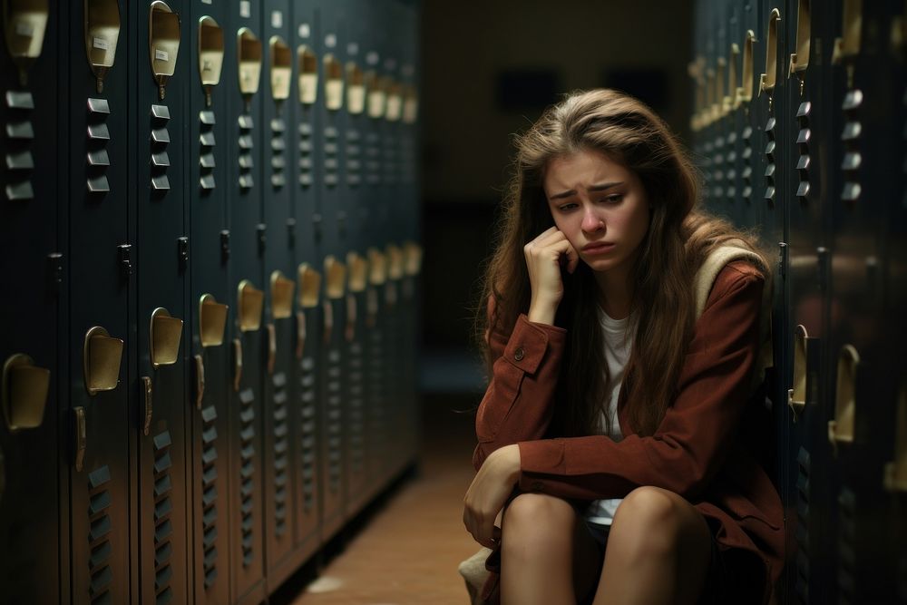Highschool student sad at locker hallway worried disappointment contemplation.