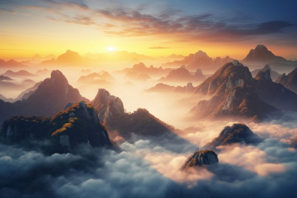 Mountain peaks with clouds at sunrise mountain landscape panoramic.