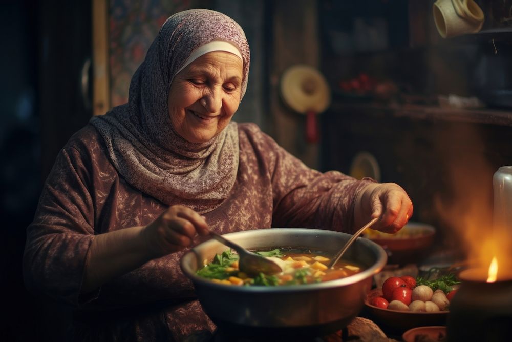 Middle eastern plump senior woman cooking food adult.