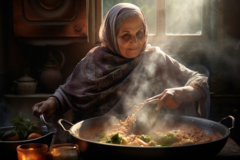 Middle eastern plump senior woman food cooking adult.