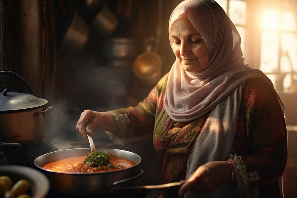 Middle eastern plump senior woman food cooking adult.