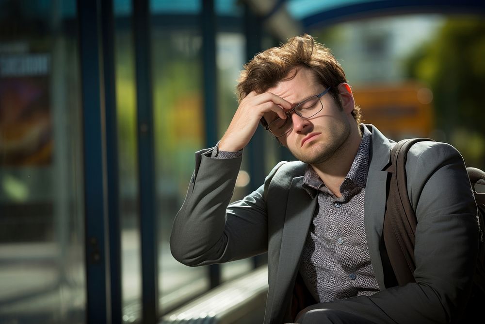 Young business man stressed adult worried glasses.