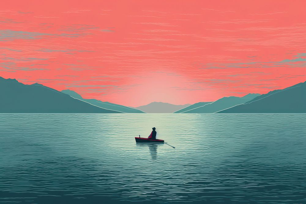 Risograph man fishing on calm lake landscape outdoors horizon.