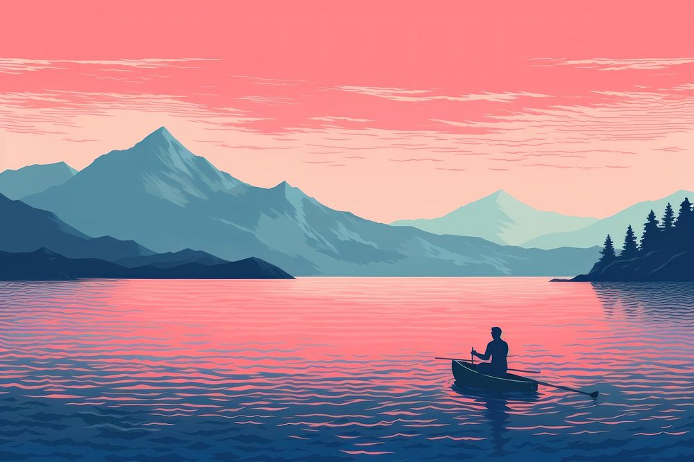 Risograph man fishing on calm lake outdoors vehicle nature.