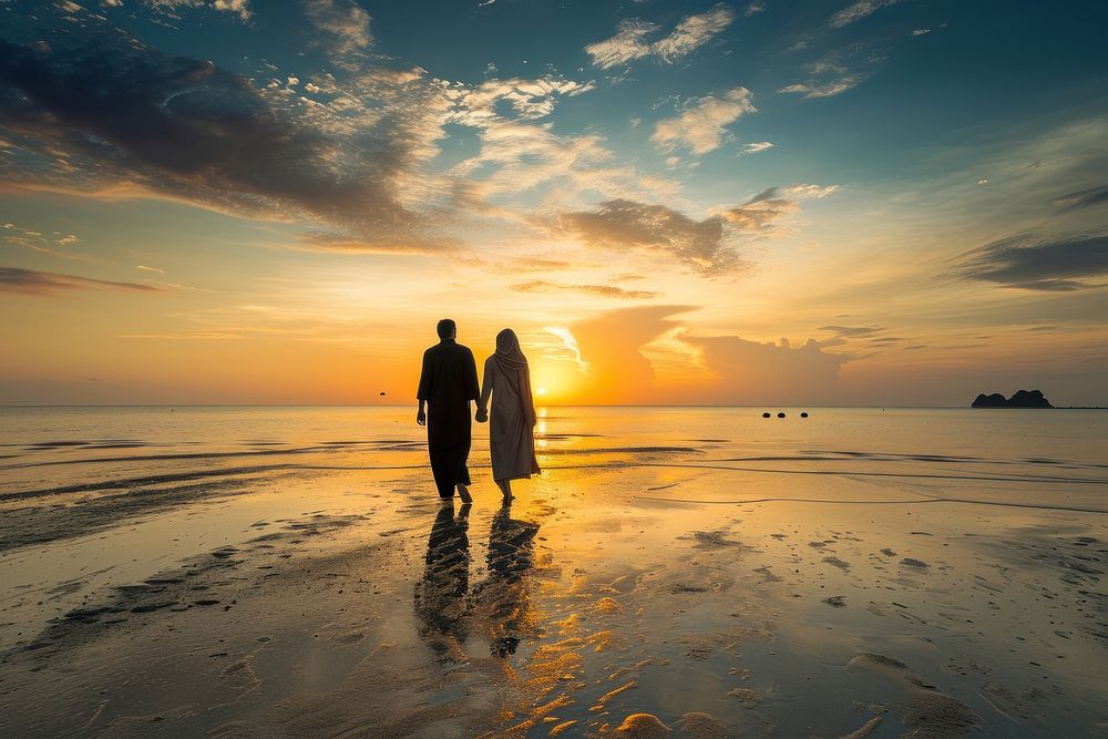 Romantic Qatari couple traveler outdoors nature walking.