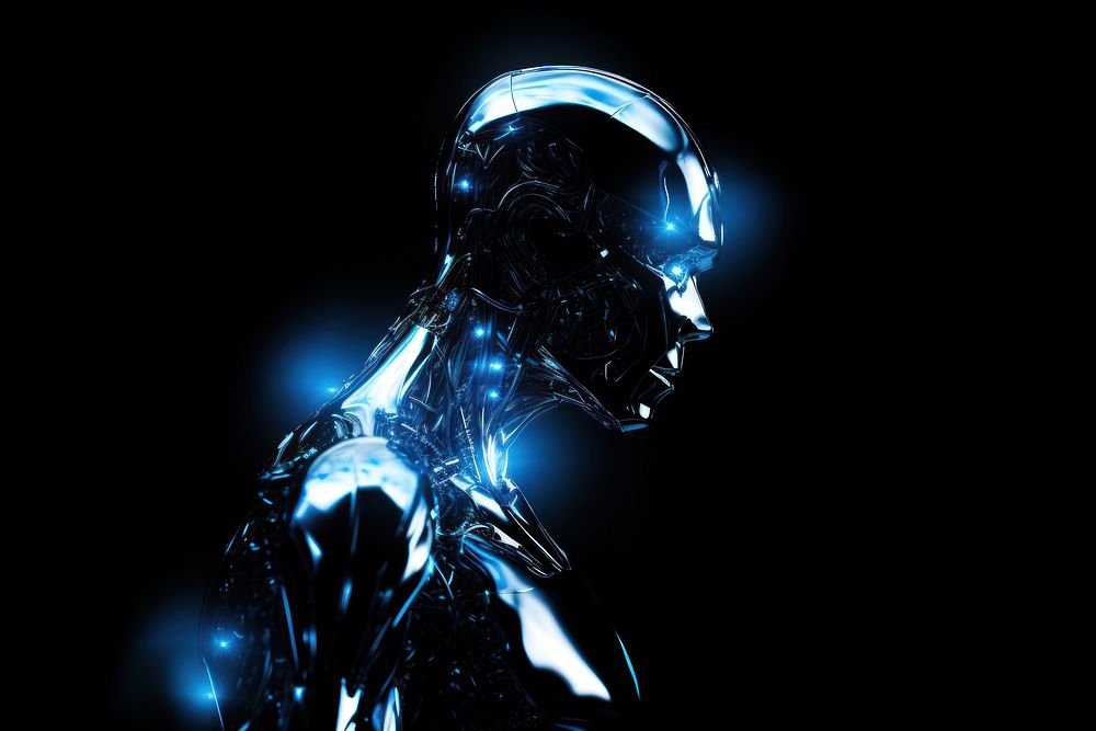 Robot technology blue black background.