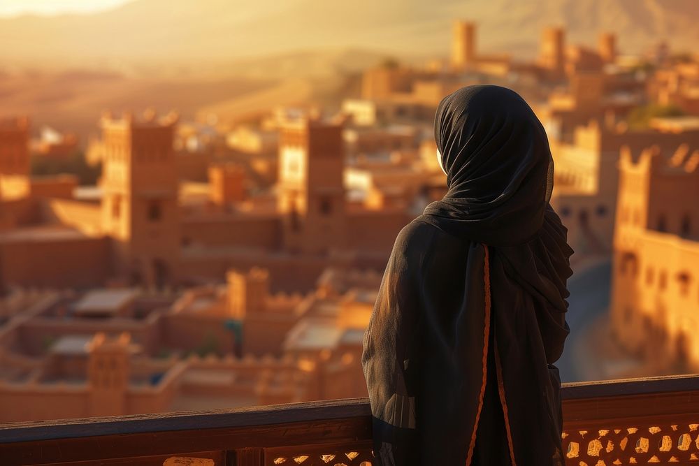 Saudi Arabian female tourist looking at old town architecture building outdoors.