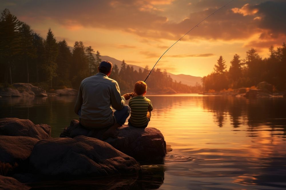 Father and son sitting together landscape fishing lake.