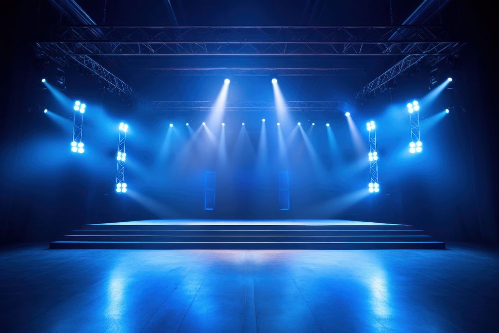 Stage and projector lights spotlight concert blue.