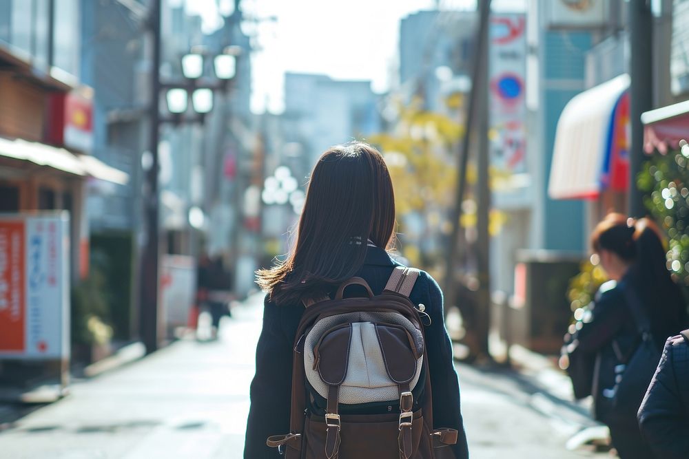 Japanese Student walking street backpack.