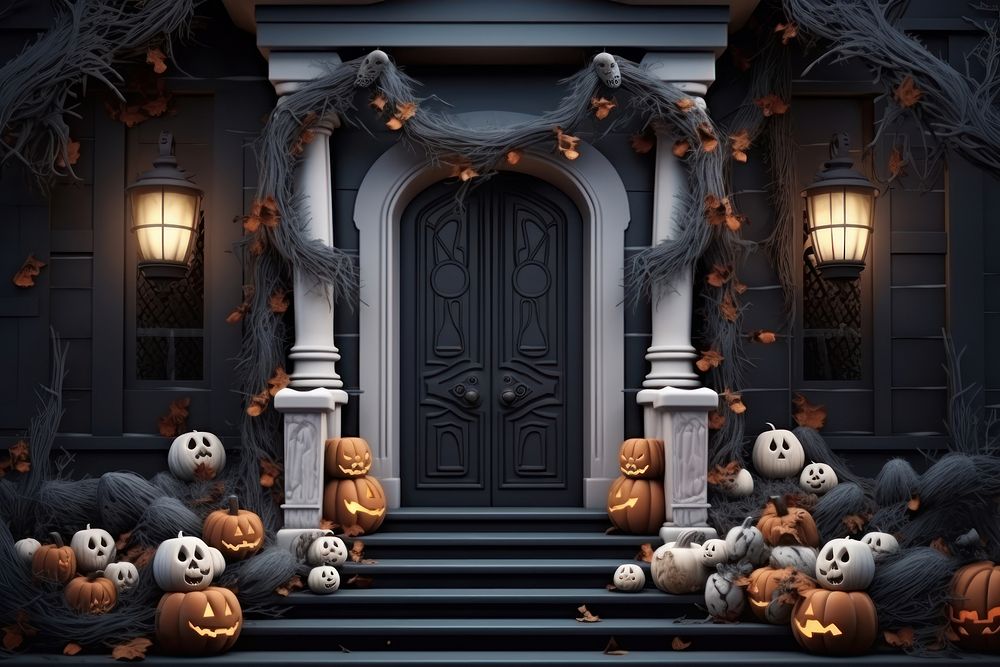 Decorated door and porch halloween holiday spooky.