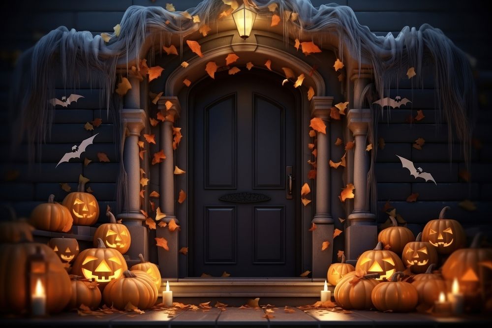 Decorated door and porch halloween holiday spooky.