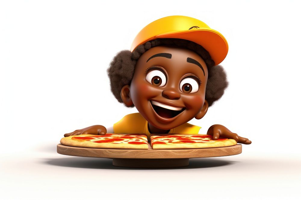 Happy African female with slice of pizza table portrait food white background.