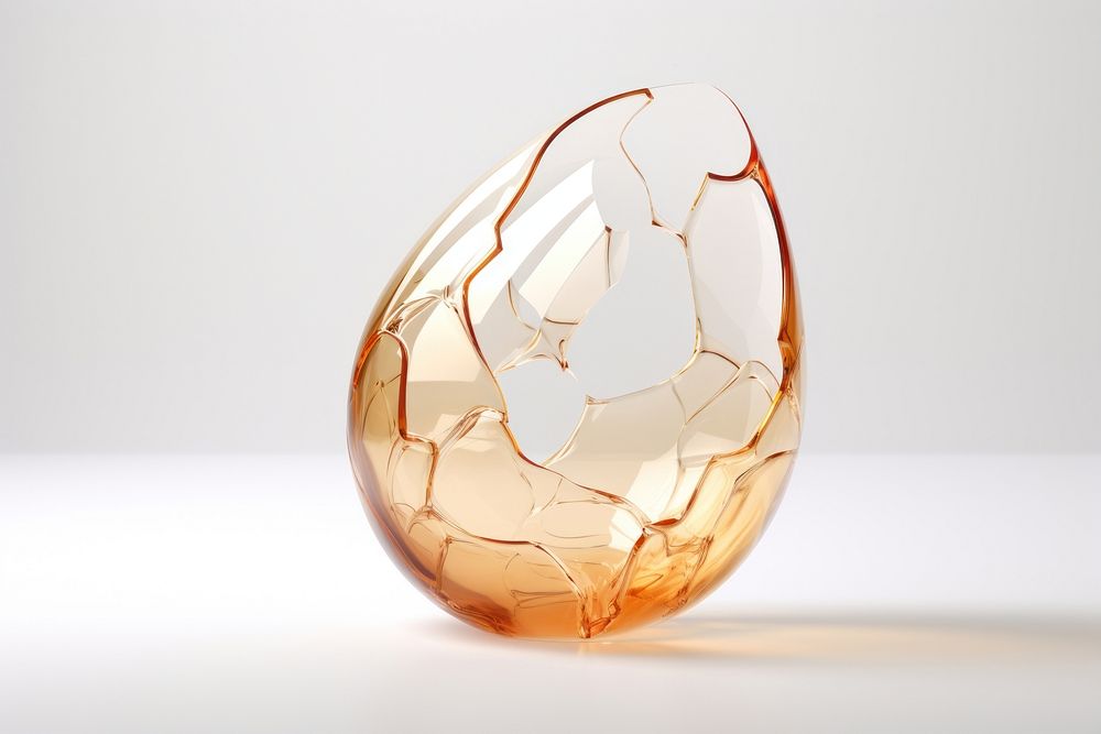 Broken egg shape transparent sphere glass white background.