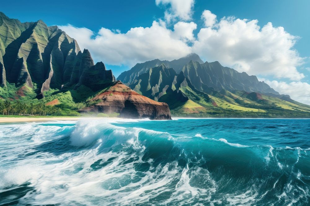 View of the idyllic Napali Coast of Kaui Island in Hawaii ocean coast landscape.