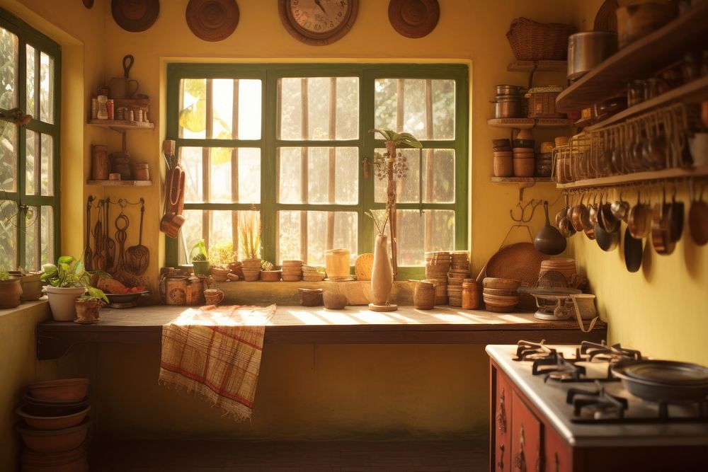 Wide Shot of an Empty Cosy Kitchen Decorated with Indian Style kitchen window home.
