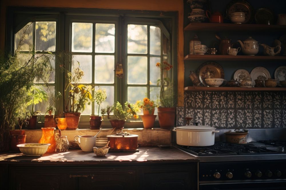Wide Shot of an Empty Cosy Kitchen Decorated with Indian Style kitchen window windowsill.