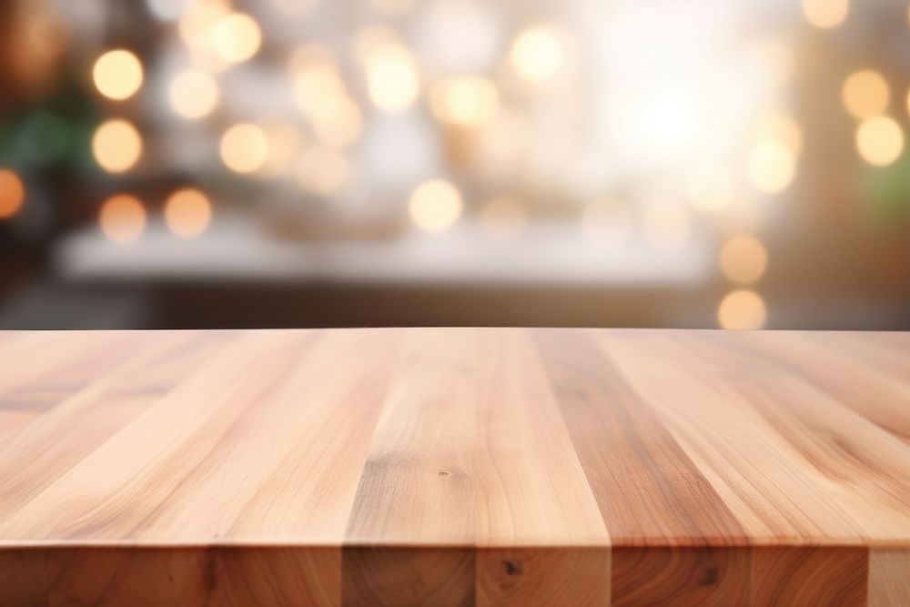 Wood table top on blurred kitchen wood backgrounds hardwood.