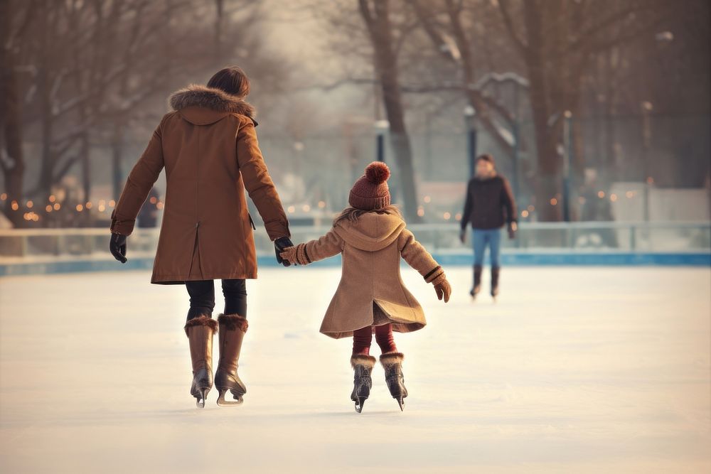 A little girl is skating on an ice rink sports winter child.