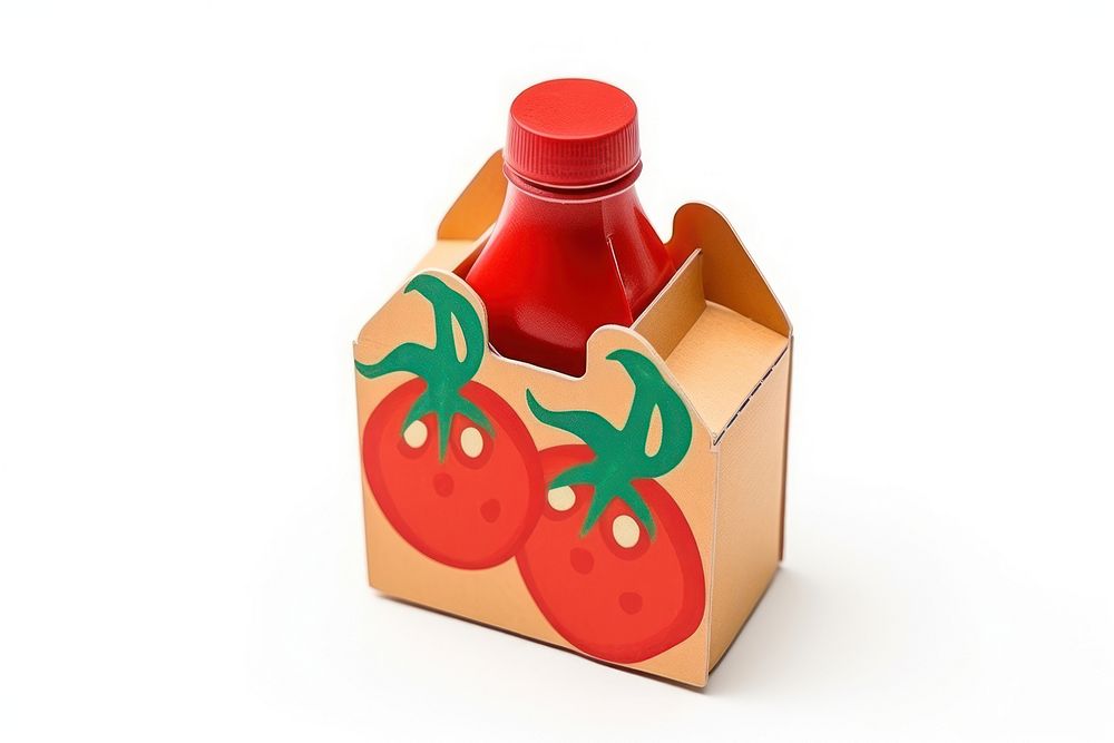 Ketchup bottle cardboard tomato food.