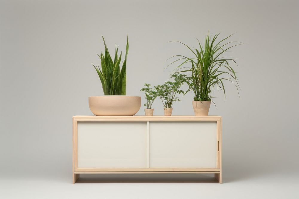 Houseplants furniture sideboard cabinet houseplant vase flowerpot. AI generated Image by rawpixel.