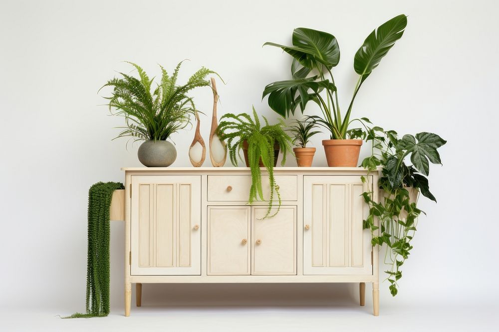 Houseplants furniture sideboard cabinet houseplant vase leaf. AI generated Image by rawpixel.