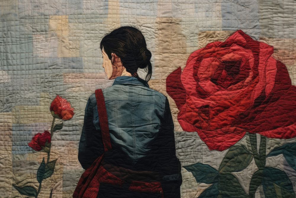 Casual woman hold rose flower adult quilt.