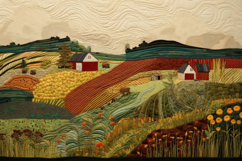 Farm landscape painting tapestry.