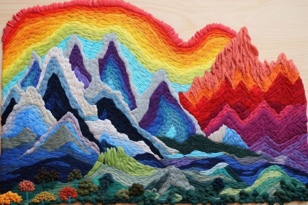 Mountain with rainbow embroidery landscape pattern.