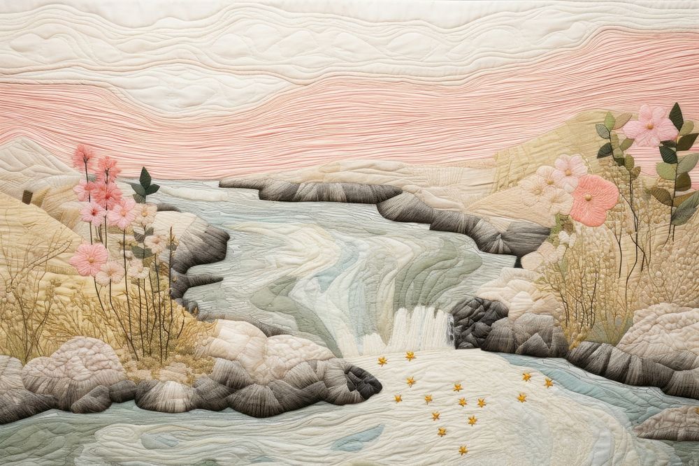 Pastel river landscape painting art.